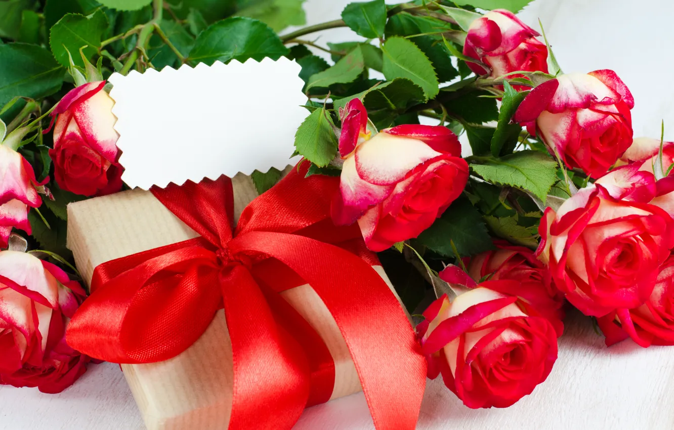 Photo wallpaper flowers, birthday, holiday, gift, roses, buds, red bow