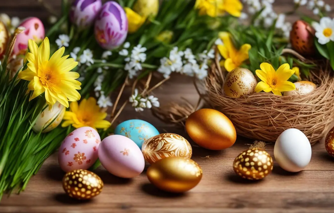 Photo wallpaper flowers, eggs, spring, colorful, Easter, happy, flowers, spring