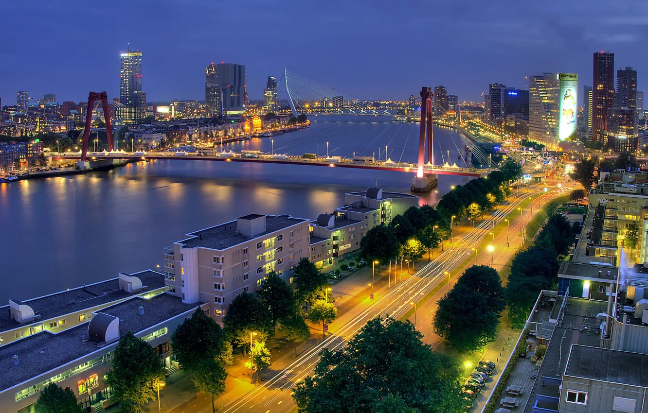 Photo wallpaper lights, the evening, Netherlands, Holland, Rotterdam