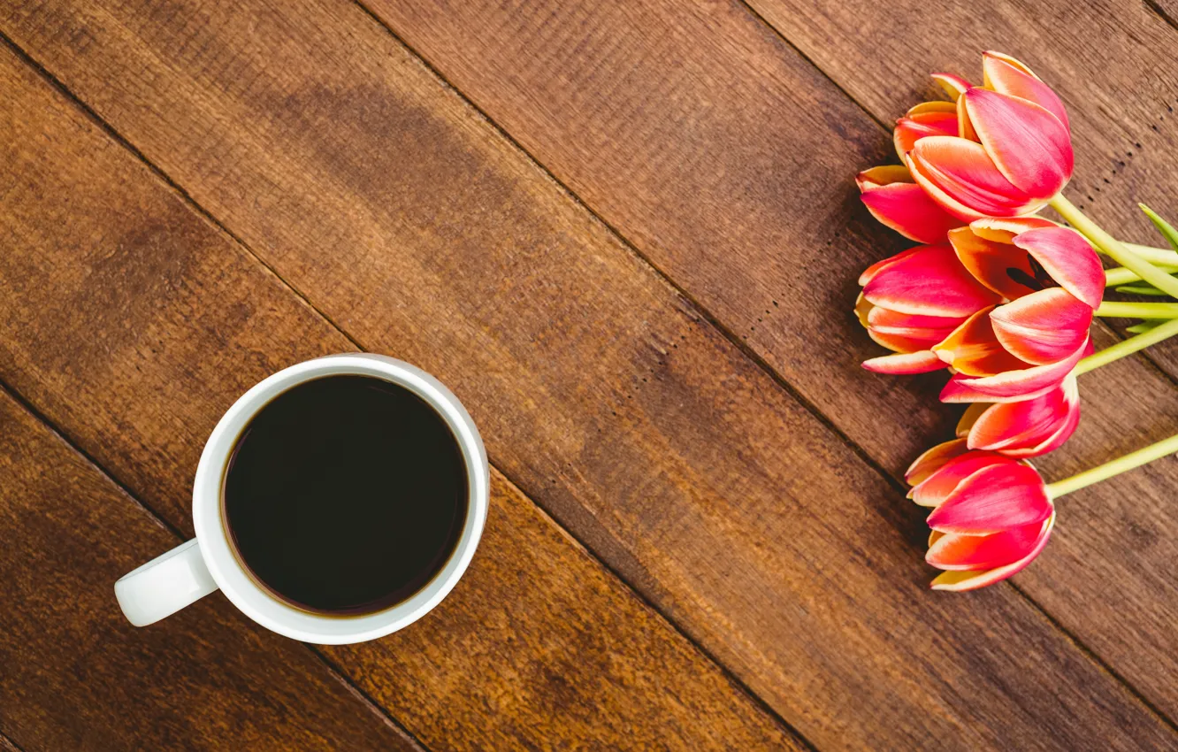 Photo wallpaper flowers, red, coffee, bouquet, Cup, tulips, red, wood