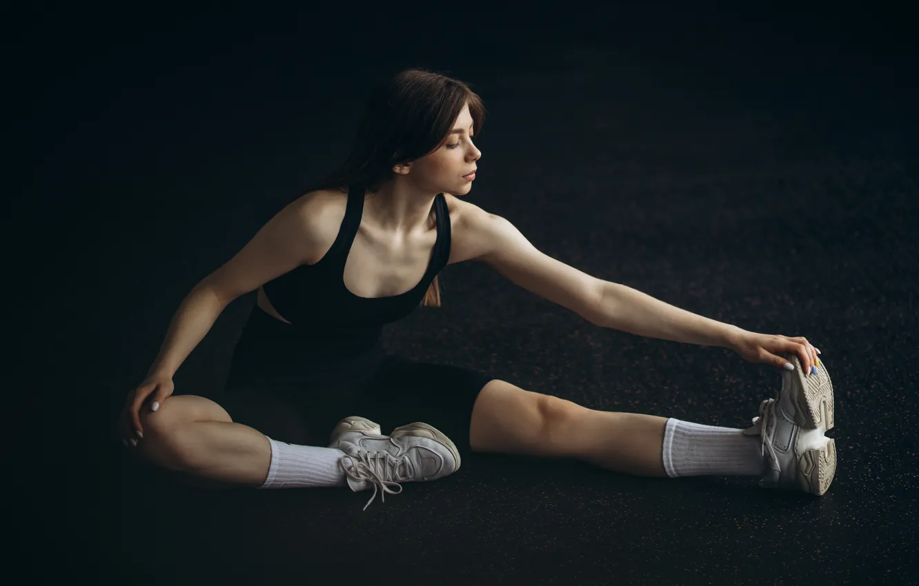 Photo wallpaper woman, young, floor, gym, stretching