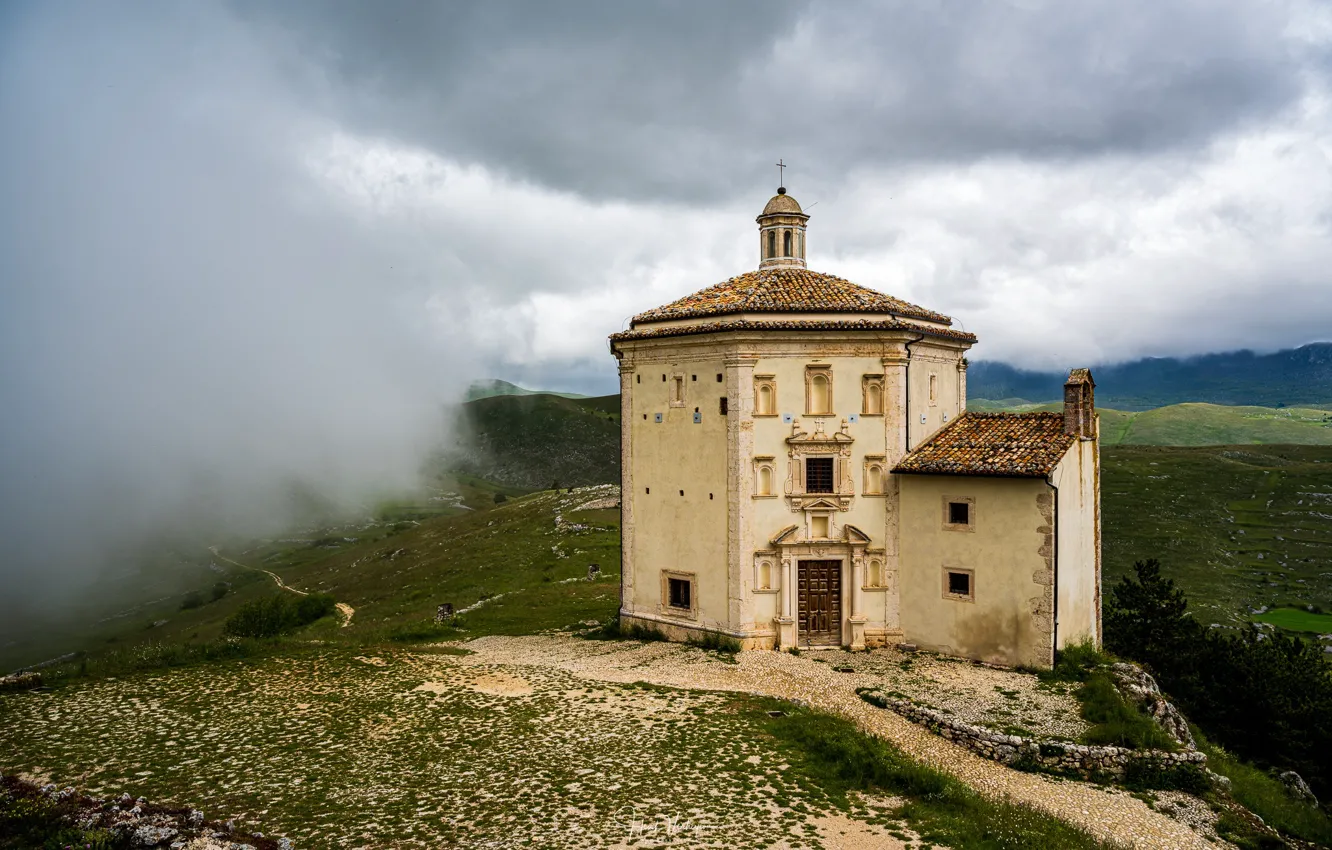 Photo wallpaper mountains, fog, building, Church