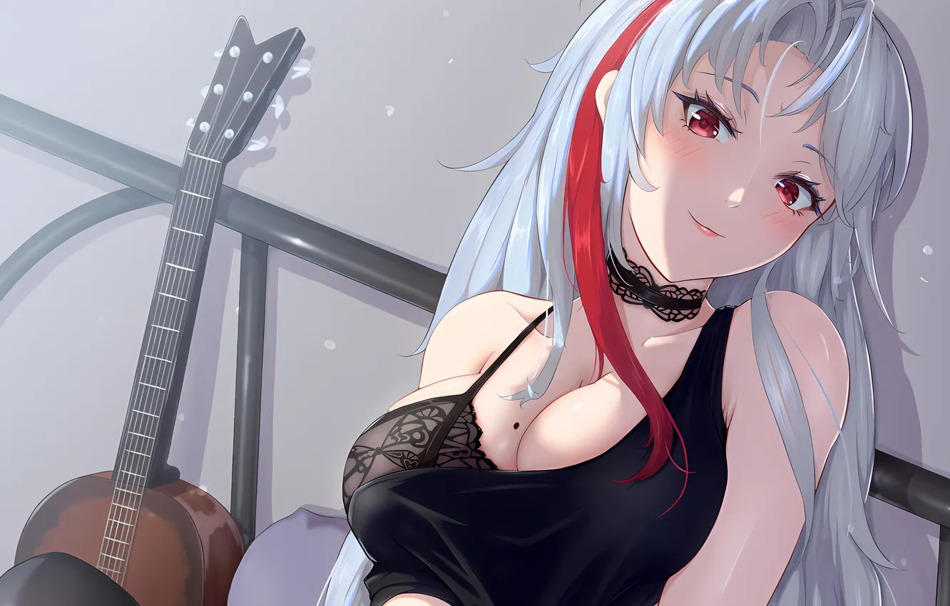 Photo wallpaper girl, guitar, sexy, lingerie, bra, cleavage, long hair, boobs