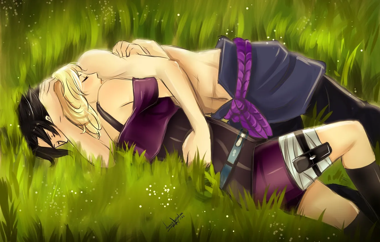 Photo wallpaper field, girl, guy, Naruto, Naruto, hugs, art, lying