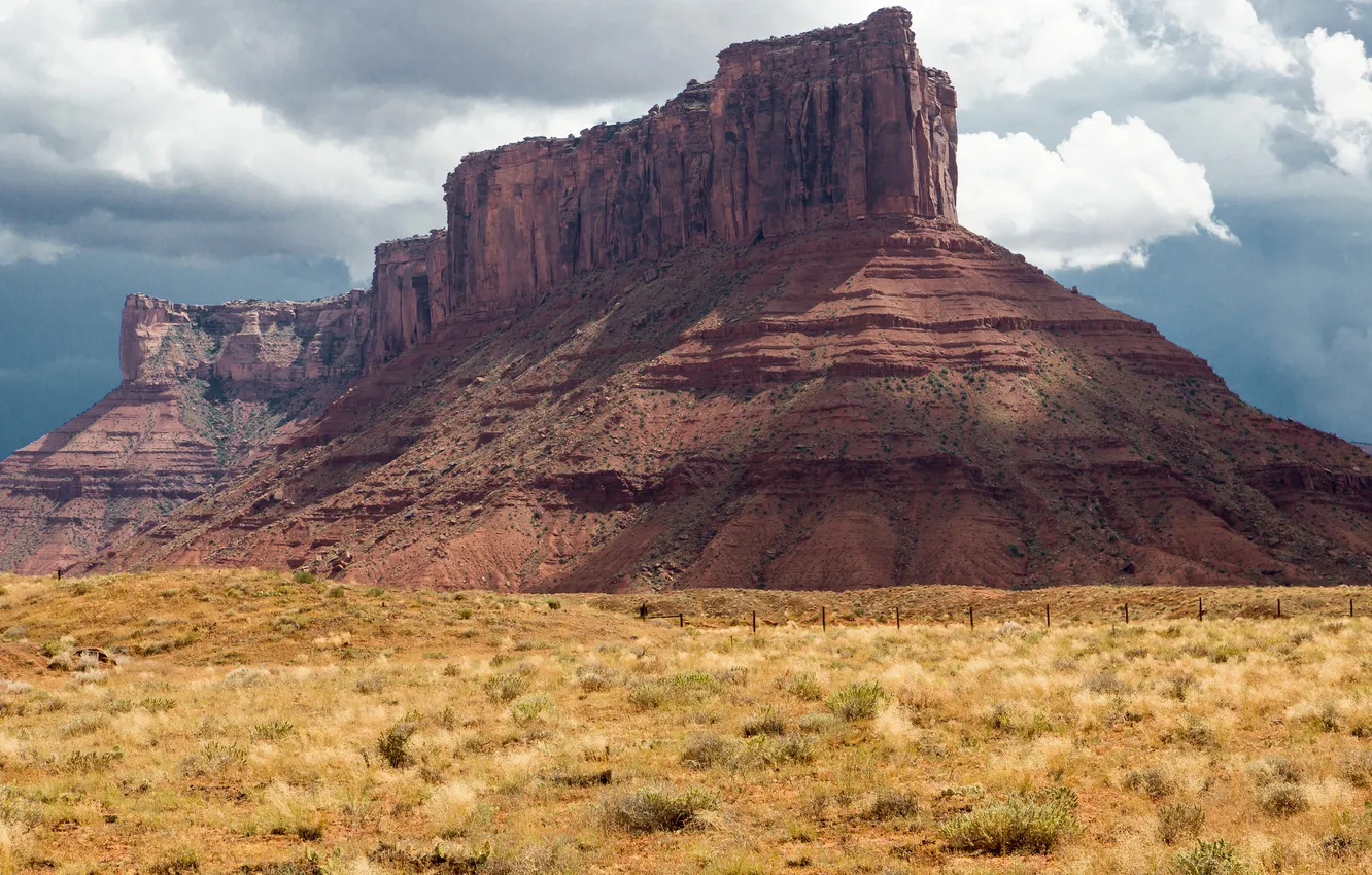 Photo wallpaper autumn, the sky, grass, mountains, clouds, rocks, USA, Monument valley