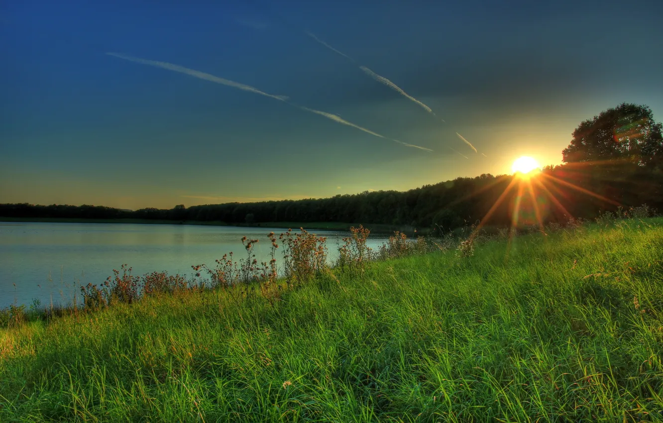 Photo wallpaper grass, the sun, sunset, nature, river, photo, dawn, Germany