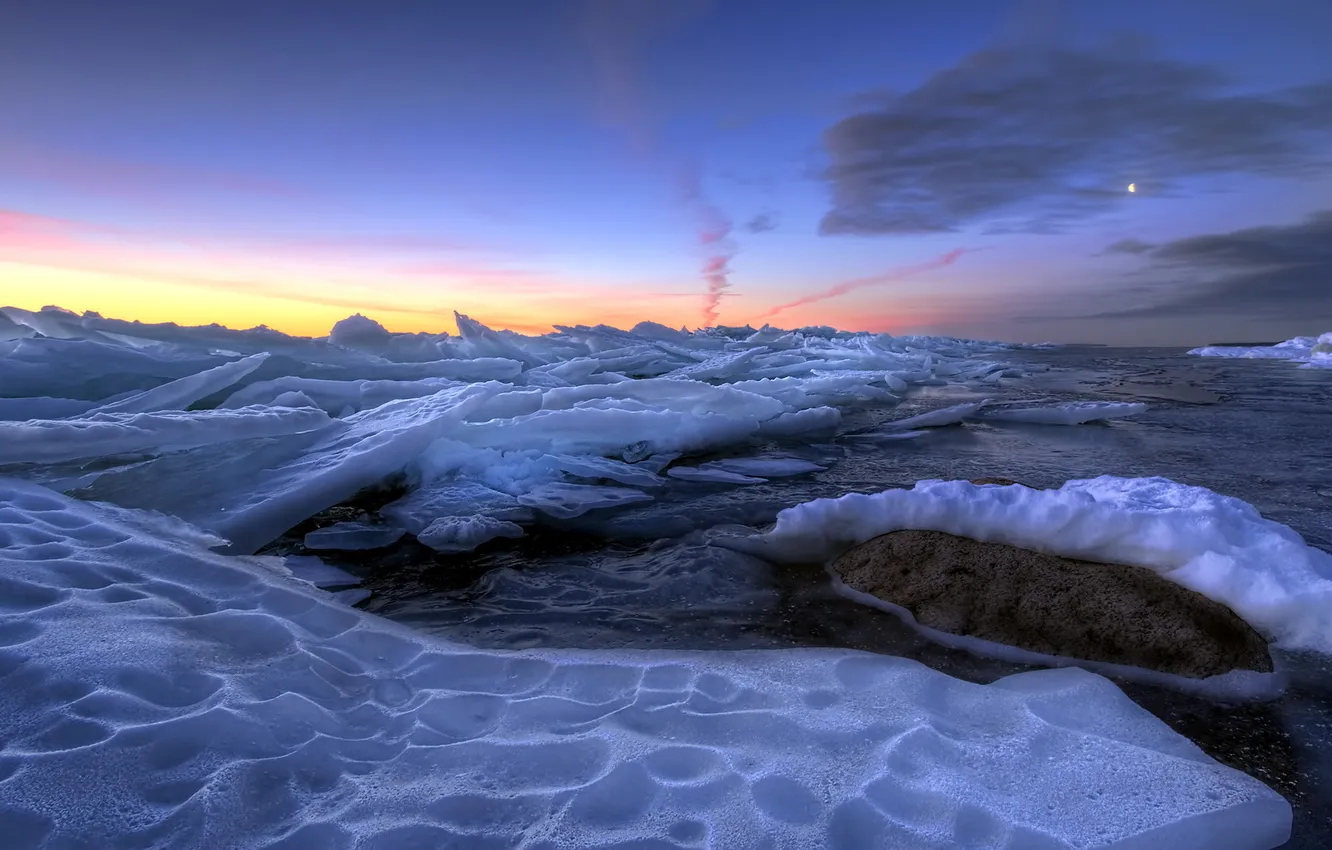 Photo wallpaper ice, sea, landscape, sunset