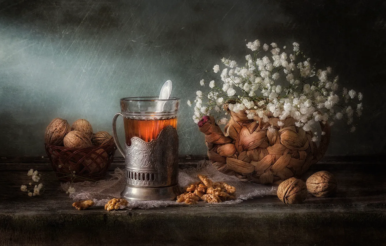 Photo wallpaper flowers, table, tea, bouquet, the tea party, drink, nuts