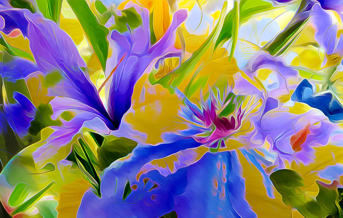 Photo wallpaper leaves, flowers, nature, rendering, petals, flowerbed