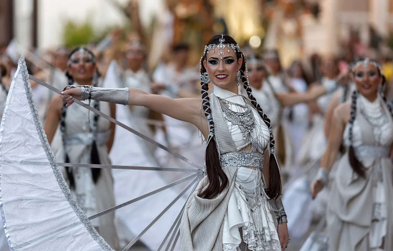 Photo wallpaper girl, decoration, pose, smile, style, silver, dance, earrings