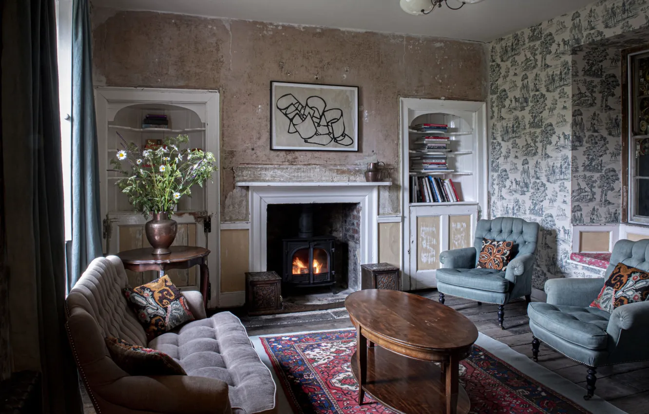 Photo wallpaper design, style, interior, fireplace, living room, Durslade Farmhouse