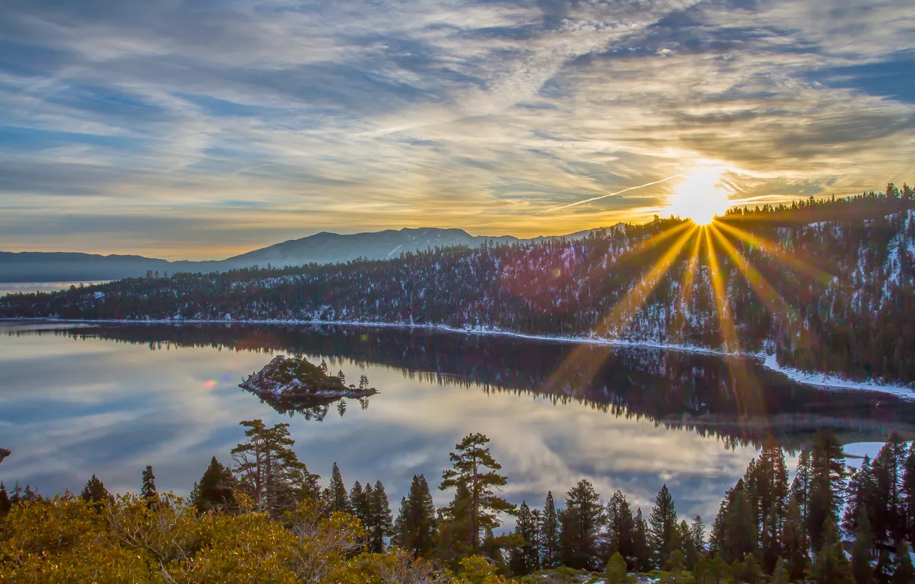 Photo wallpaper forest, the sun, rays, snow, mountains, lake, sunrise, island