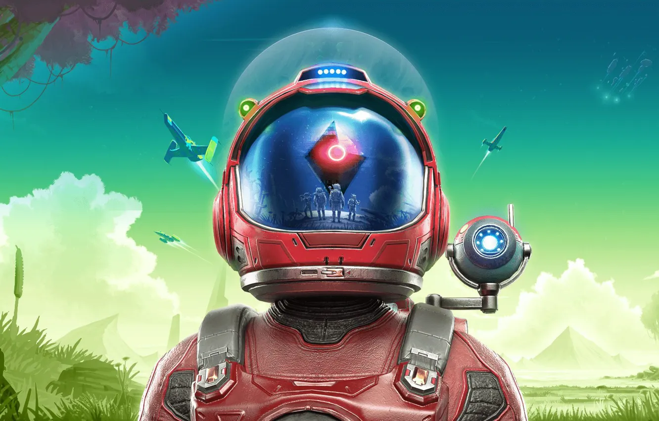 Photo wallpaper reflection, planet, the suit, spaceships, computer game, No Man's Sky, Hello Games, space simulator