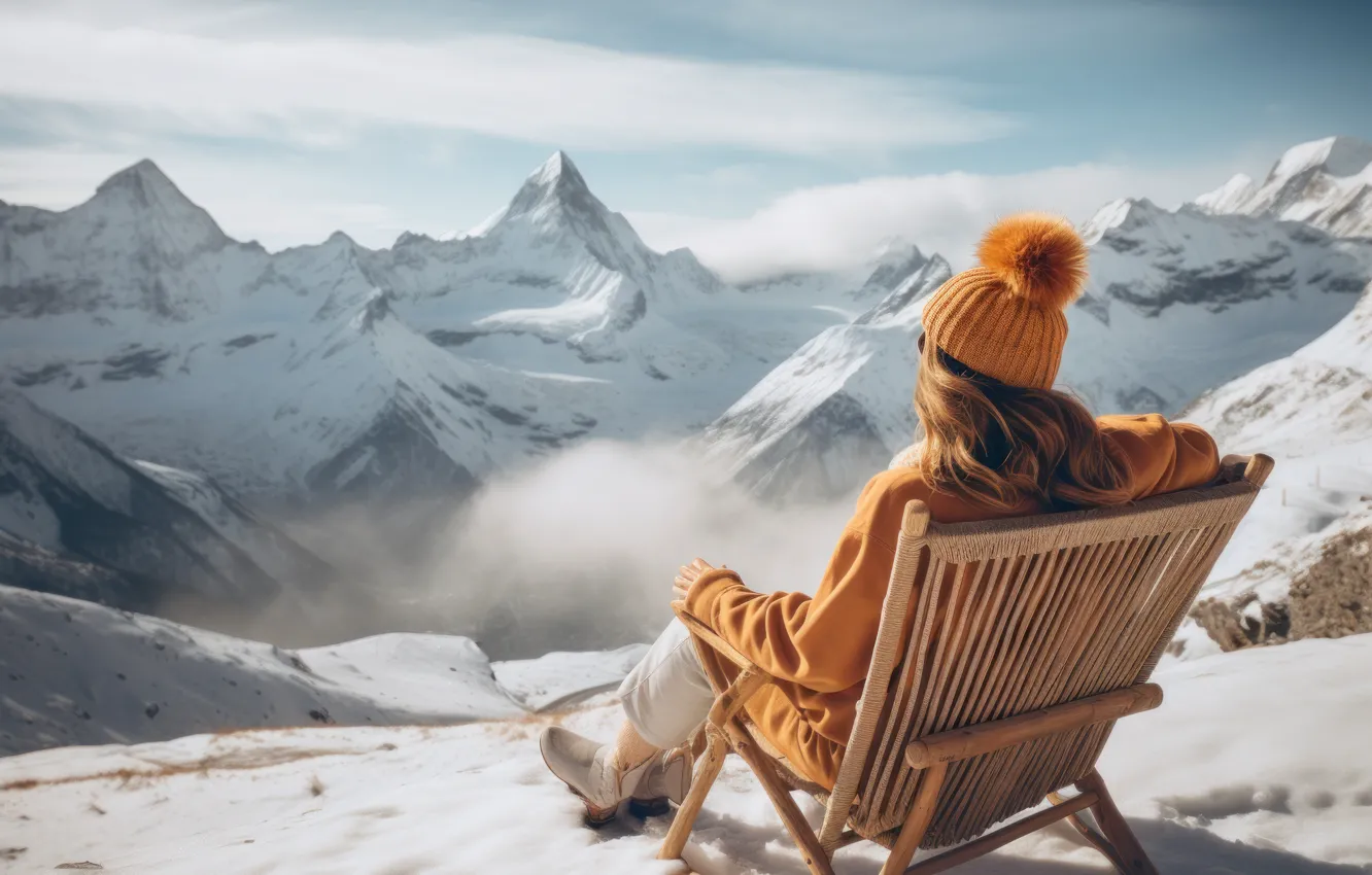 Photo wallpaper cold, winter, girl, snow, mountains, nature, back, view