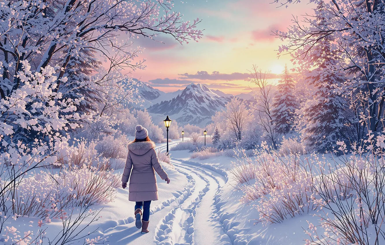 Photo wallpaper winter, frost, road, forest, the sky, girl, the sun, clouds