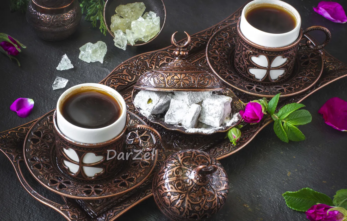 Photo wallpaper coffee, briar, dishes, bronze, Turkish delight