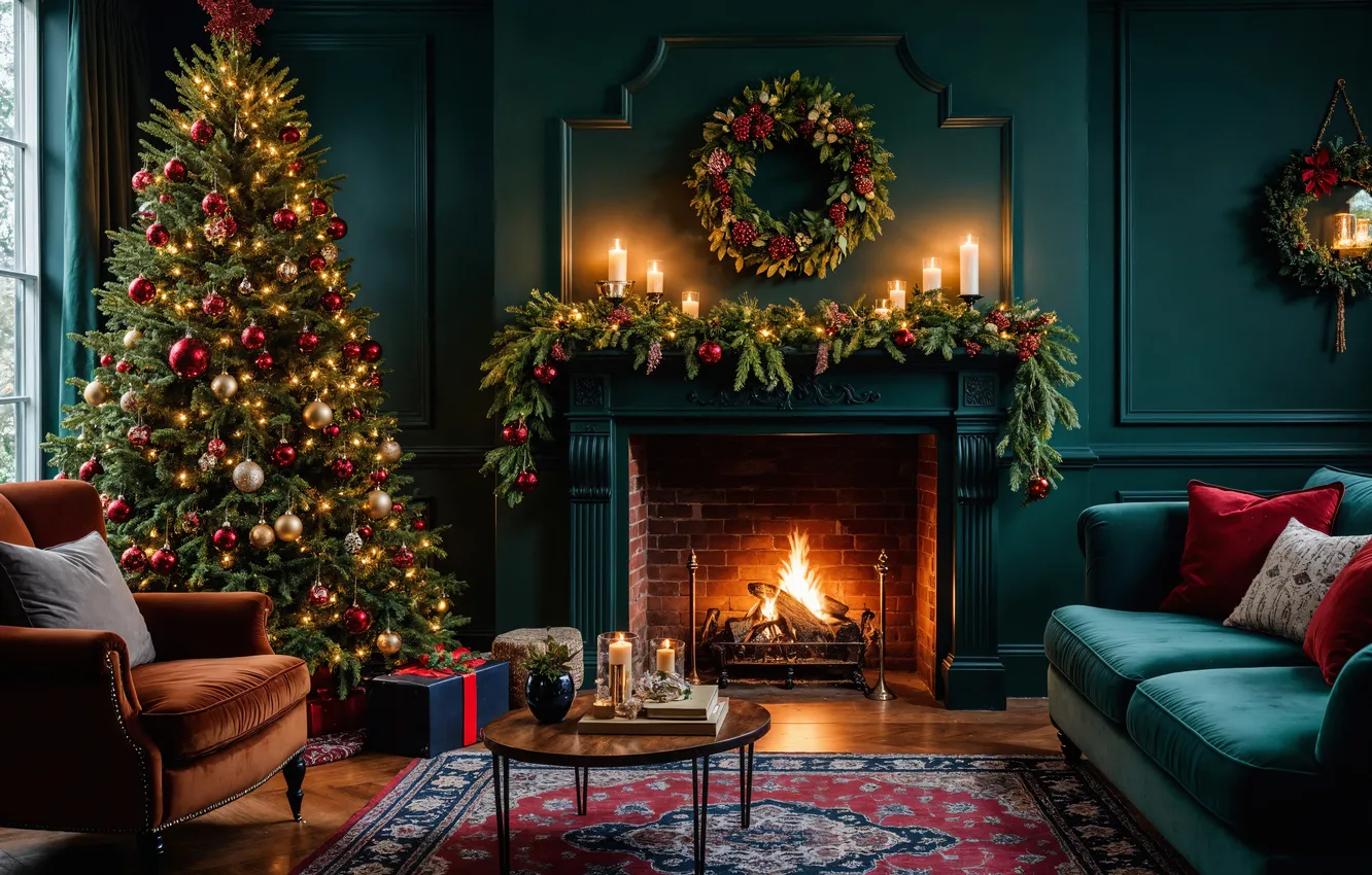 Photo wallpaper room, tree, new year, interior, Christmas, fireplace, Christmas, view