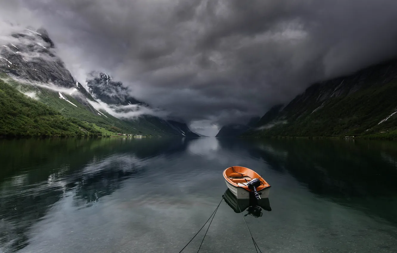 Photo wallpaper mountains, nature, boat, pond, storm clouds, boat, gloomy sky