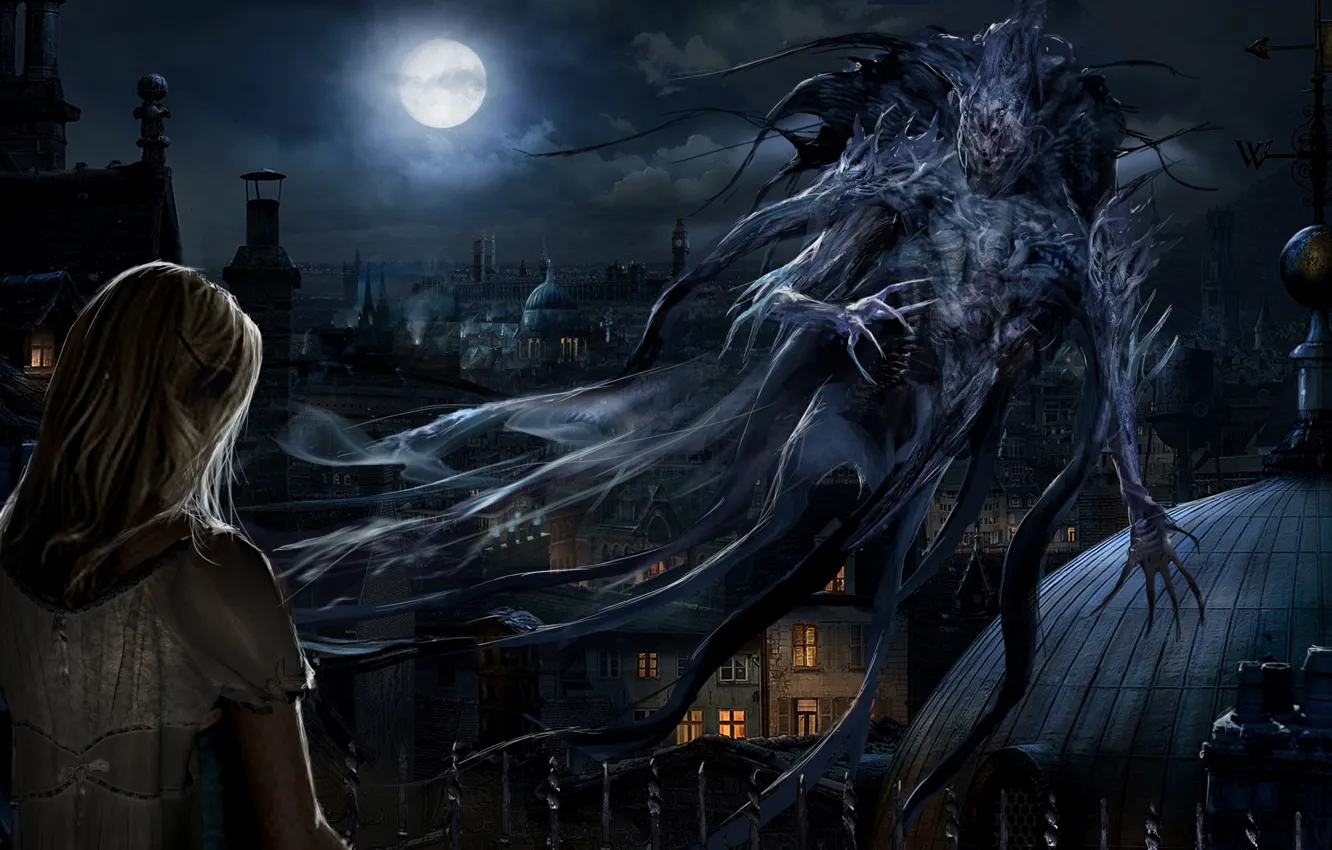 Photo wallpaper the moon, monster, the demon, moon, night city, night, monsters, beauty and the beast