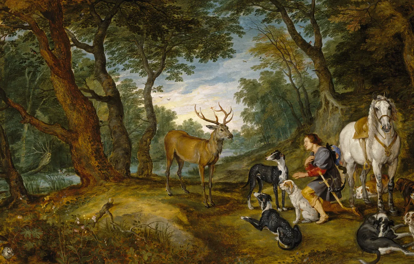 Photo wallpaper forest, landscape, animal, horse, dog, picture, deer, Peter Paul Rubens