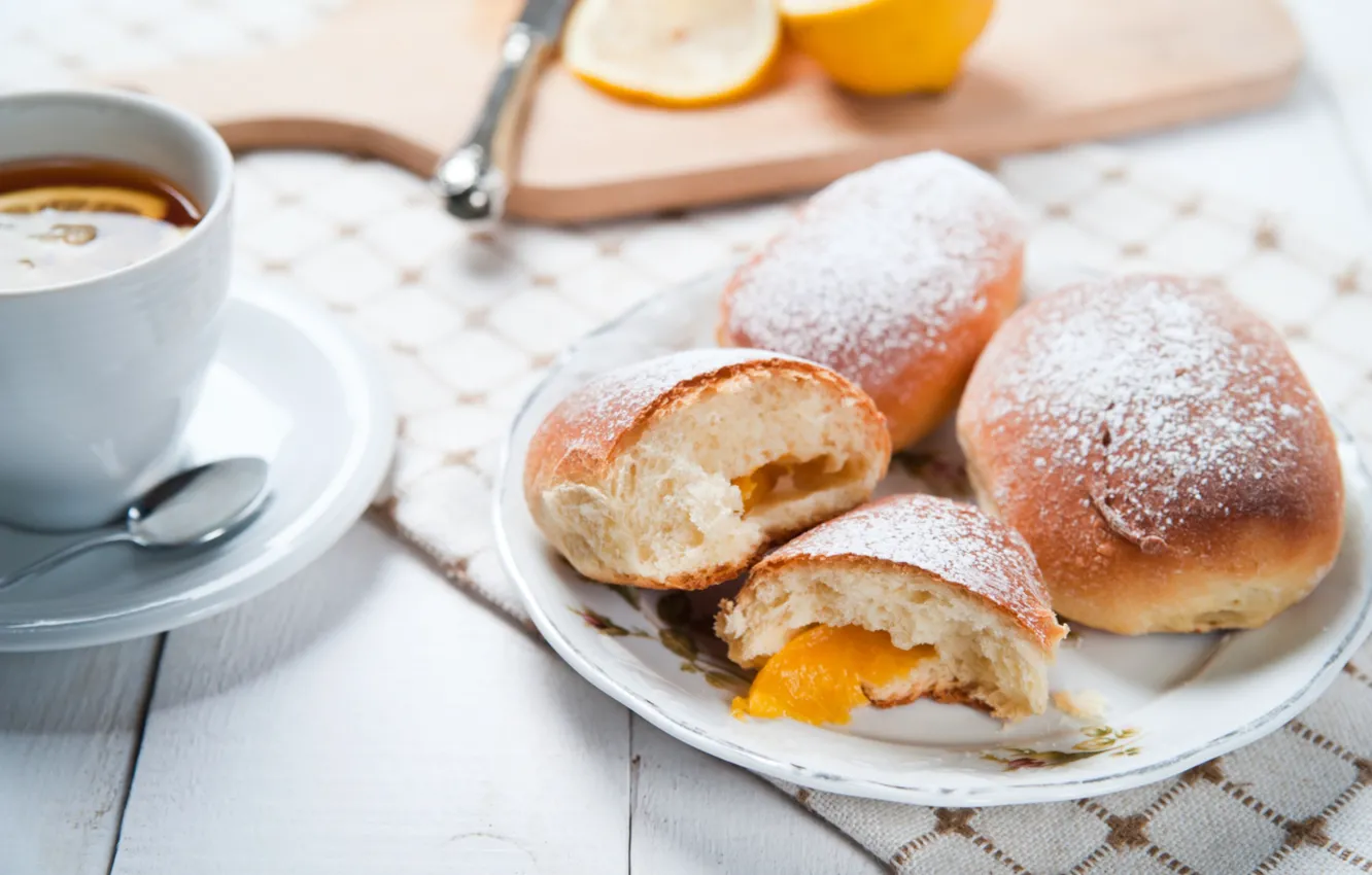 Photo wallpaper lemon, tea, cakes, cakes