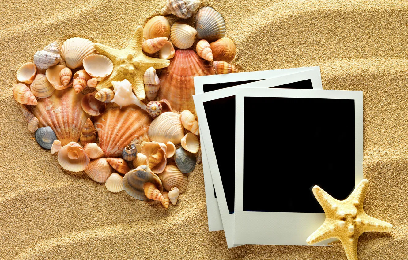 Photo wallpaper sand, heart, shell, heart, texture, sand, seashells, starfishes