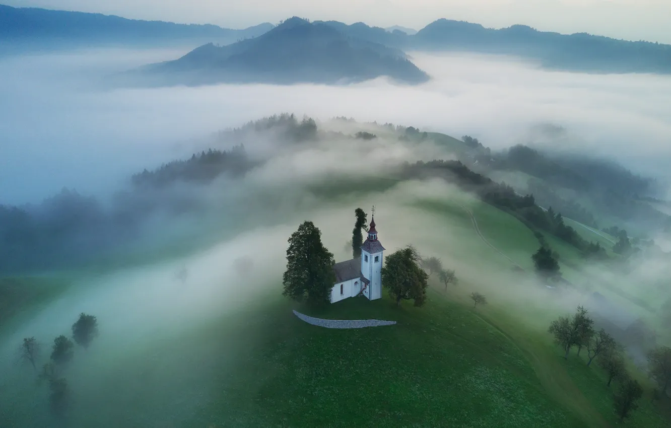 Photo wallpaper mountains, fog, hills, village, morning, Church, forest, meadows