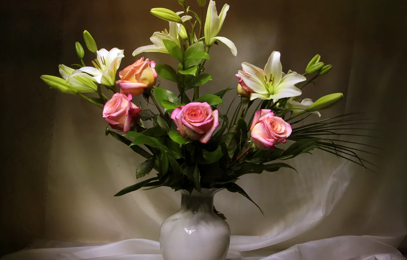 Photo wallpaper flowers, Lily, roses, curtains, vase, tulle
