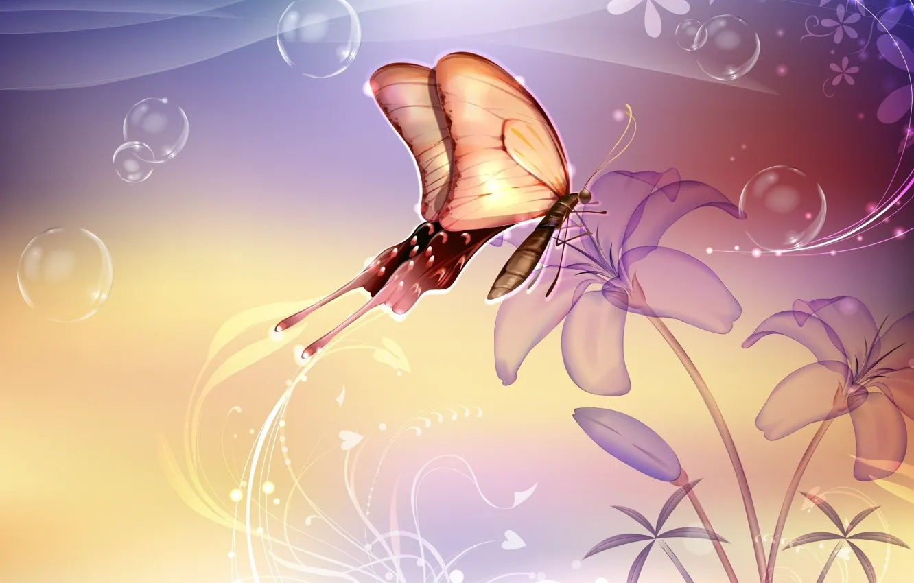Photo wallpaper flowers, bubbles, abstraction, butterfly