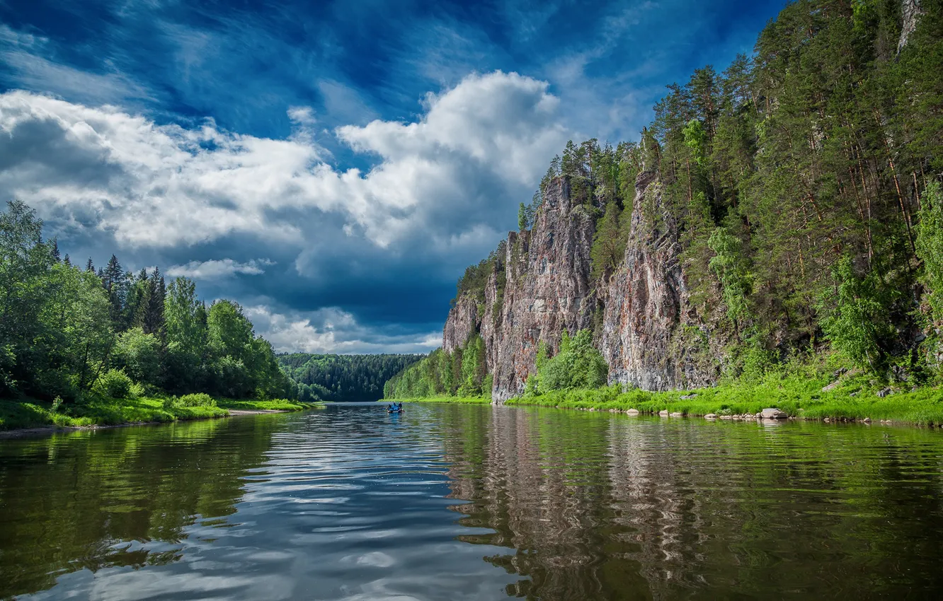 Photo wallpaper the sky, clouds, trees, river, rocks, Russia, Ural, Andrey Bortnikov