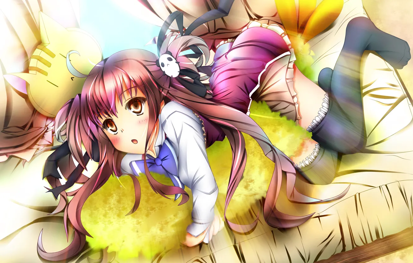 Wallpaper look, girl, sofa, lies, pillow, anime, barrette, art for