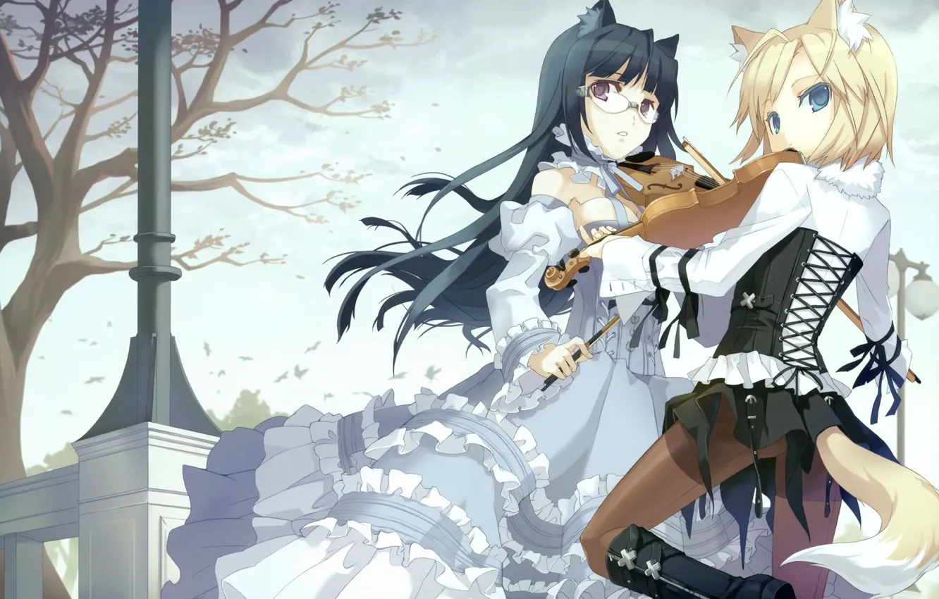 Photo wallpaper trees, girls, anime, ears, tails, tokyo cpe - gothic, violin, h2so4