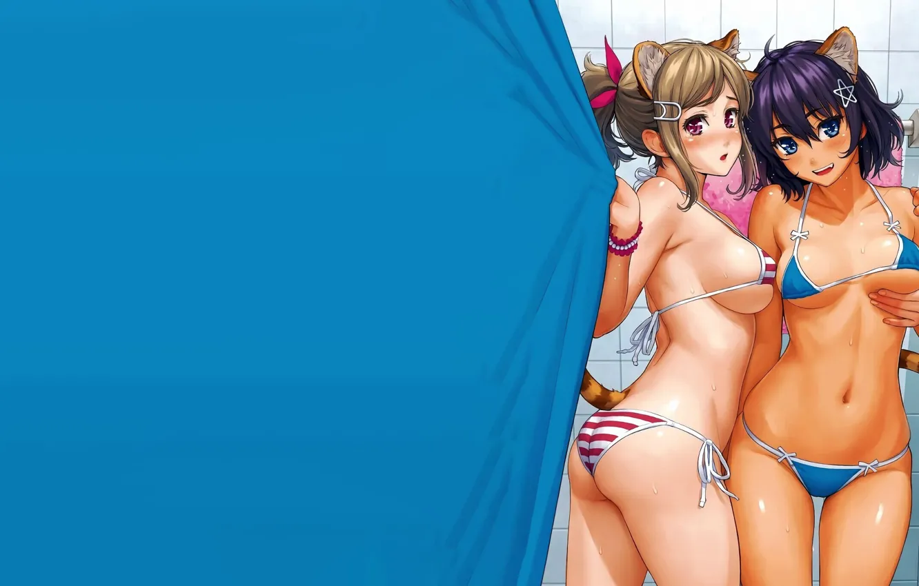 Photo wallpaper girl, sexy, cleavage, boobs, anime, beautiful, short hair, pretty