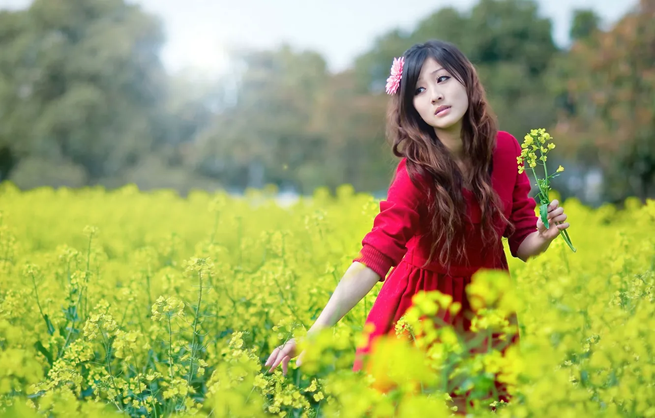 Photo wallpaper flower, long hair, field, asian, red dress