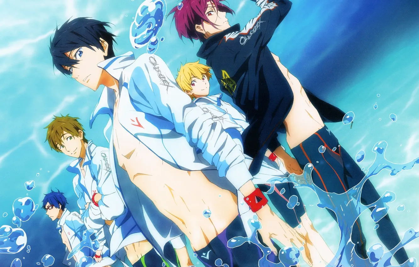 Photo wallpaper water, drops, anime, art, guy, nanase haruka, Matsuoka Rin, Hazuki Nagisa