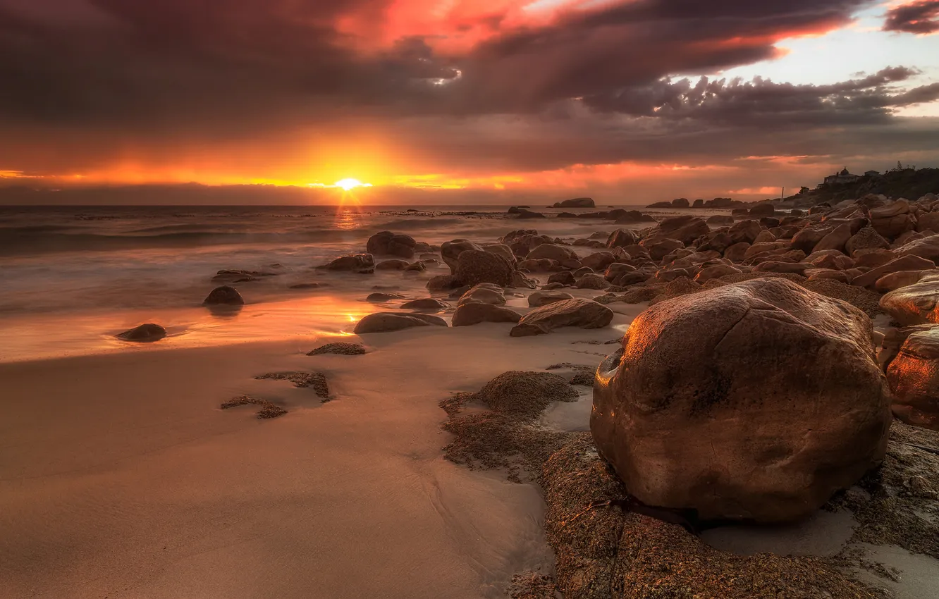 Photo wallpaper rock, beach, ocean, sunset