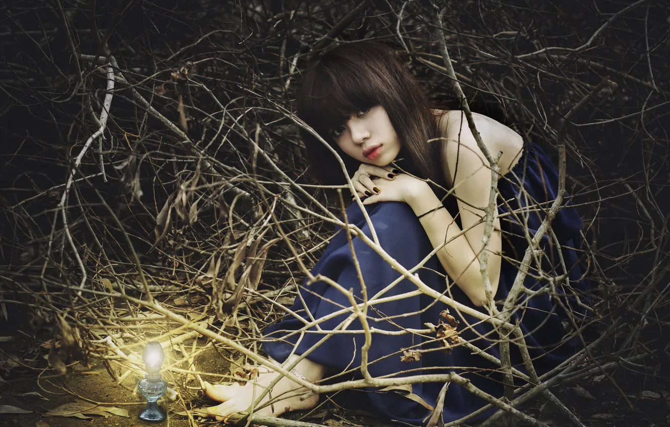 Photo wallpaper look, girl, lamp, Asian