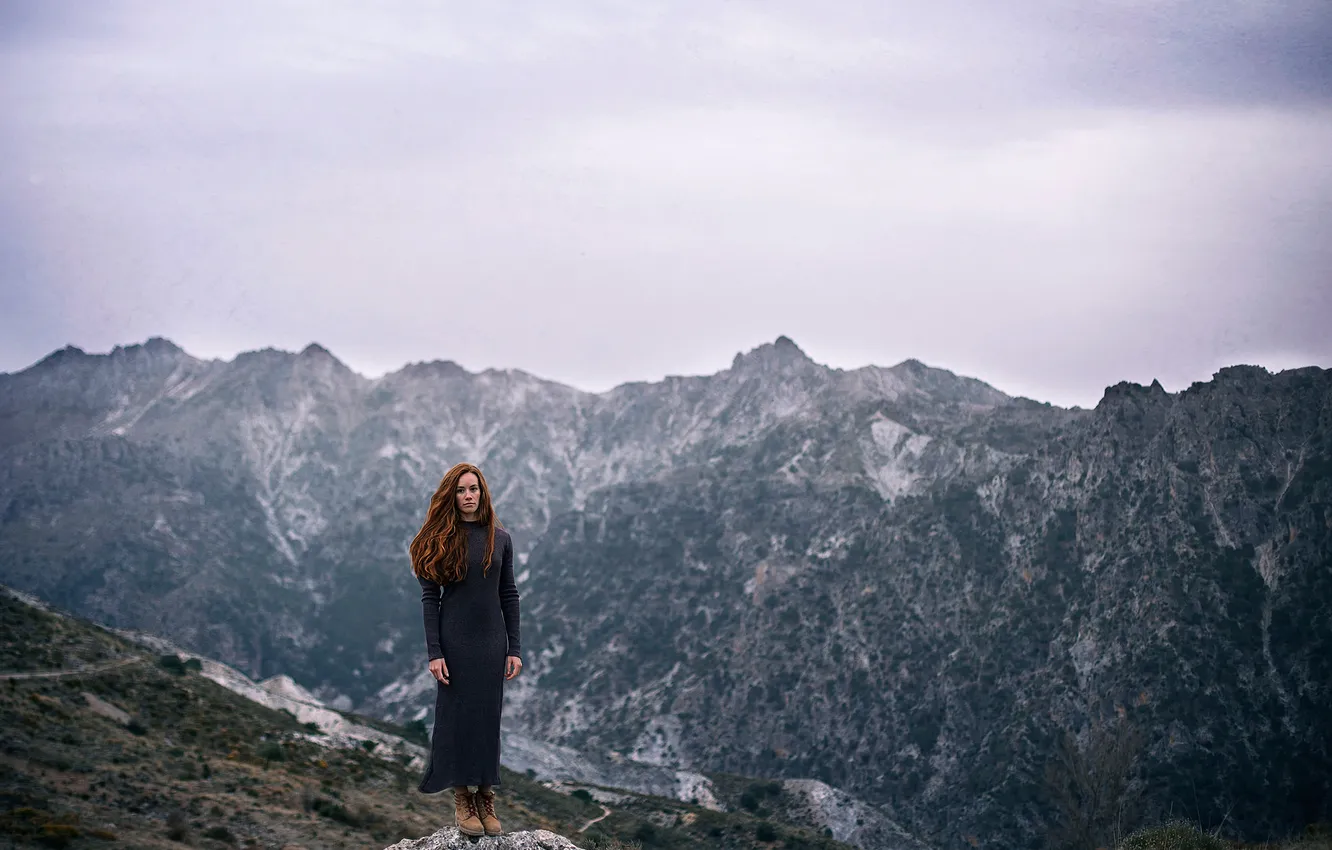 Photo wallpaper the sky, girl, mountains, view