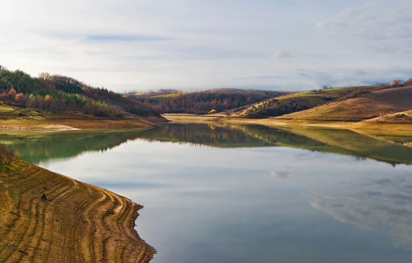 Photo wallpaper autumn, trees, lake, hills