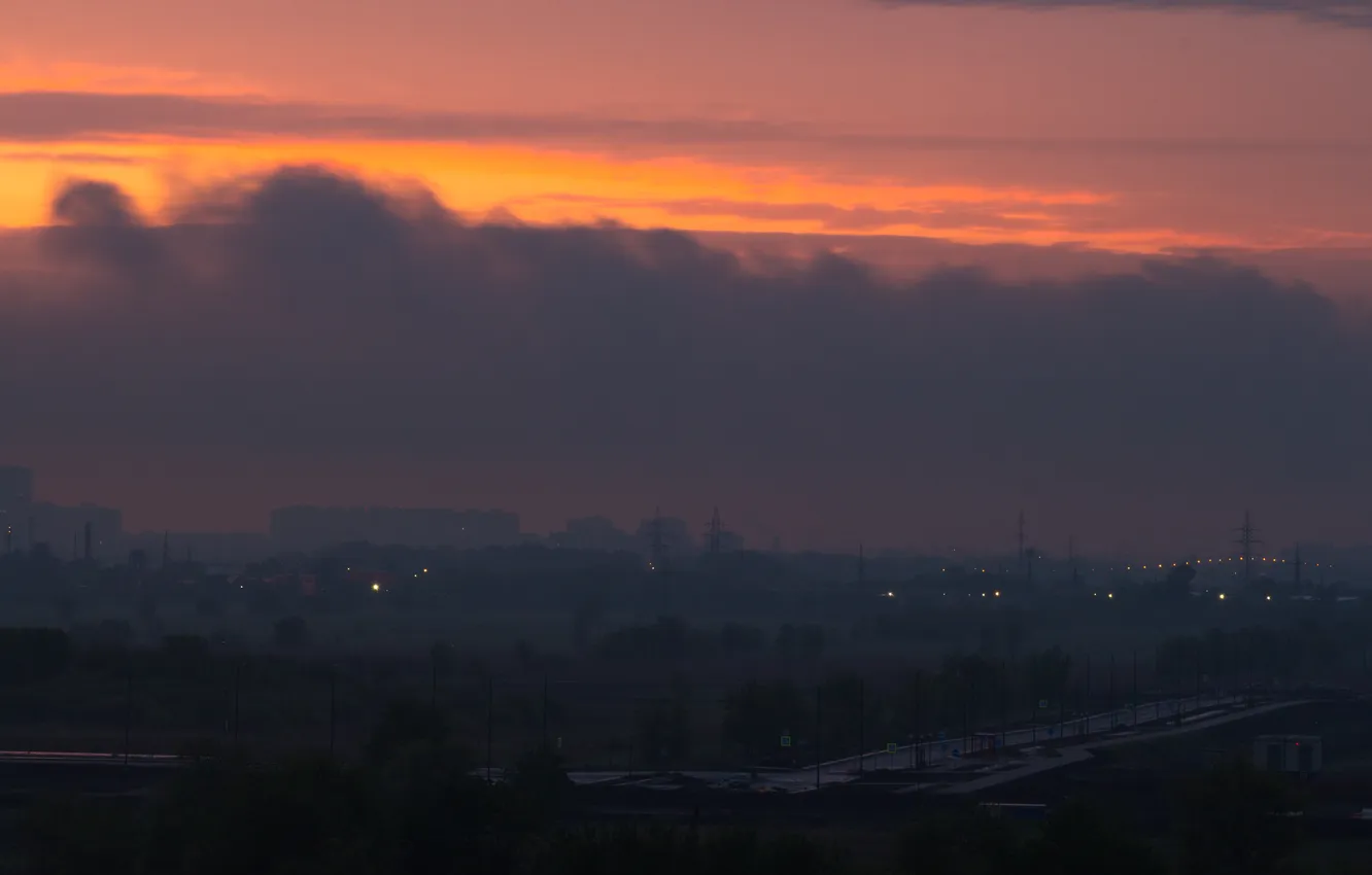 Photo wallpaper road, the sky, clouds, trees, the city, fog, building, home