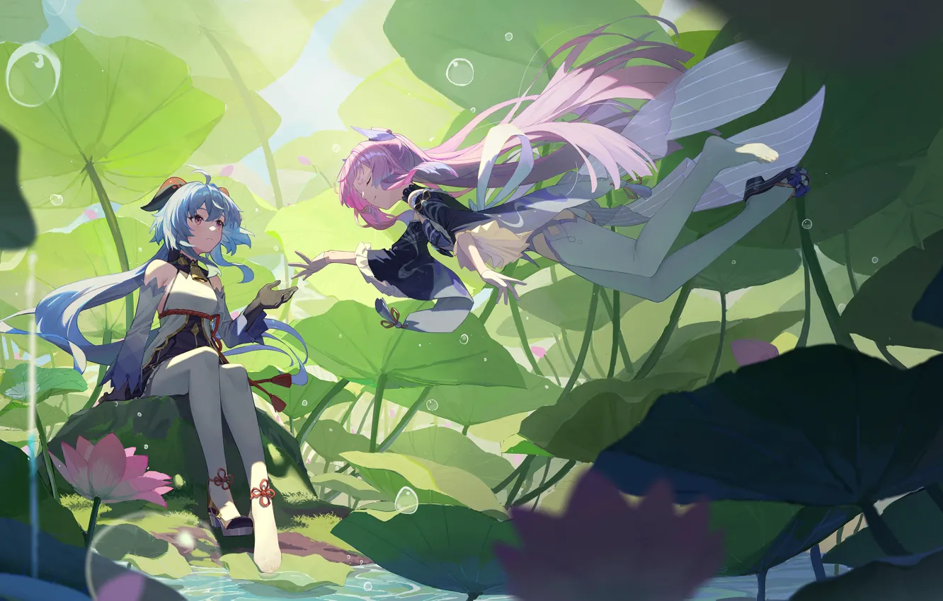 Photo wallpaper water, girl, fantasy, Lotus, Genshin Impact, Ganyu, angonomiya Kokomi