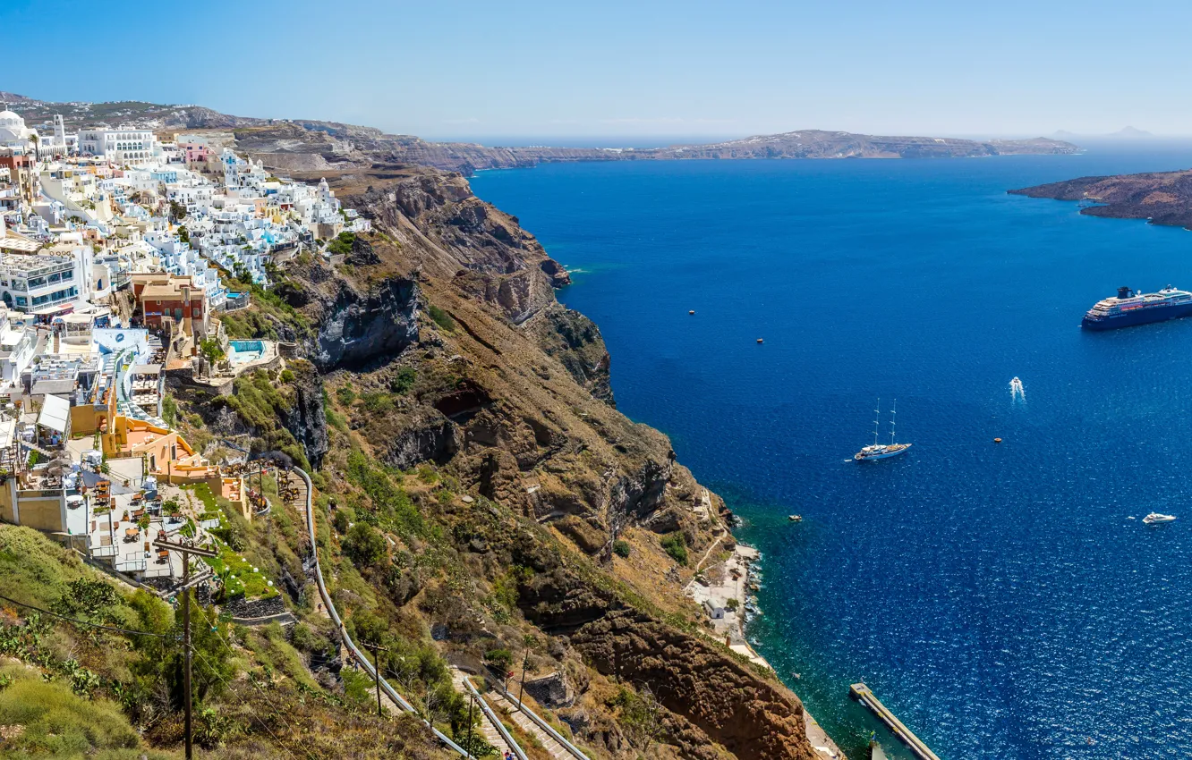 Photo wallpaper sea, rocks, coast, ship, island, home, yacht, Greece