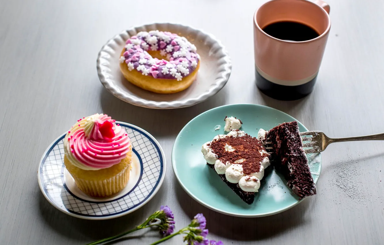 Photo wallpaper mug, cake, donuts, cupcakes