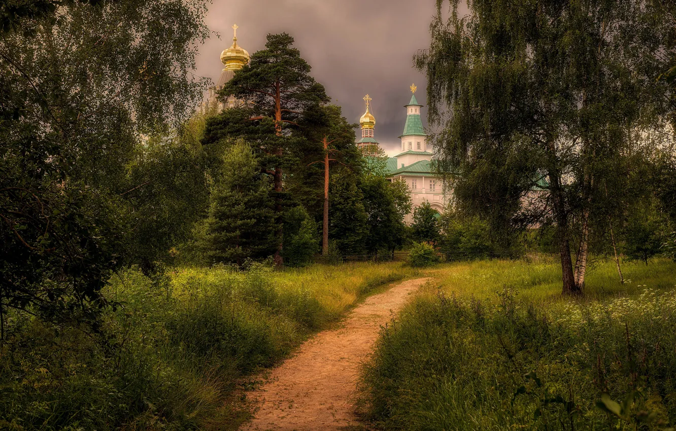 Photo wallpaper trees, Church, temple, Russia, path, pine