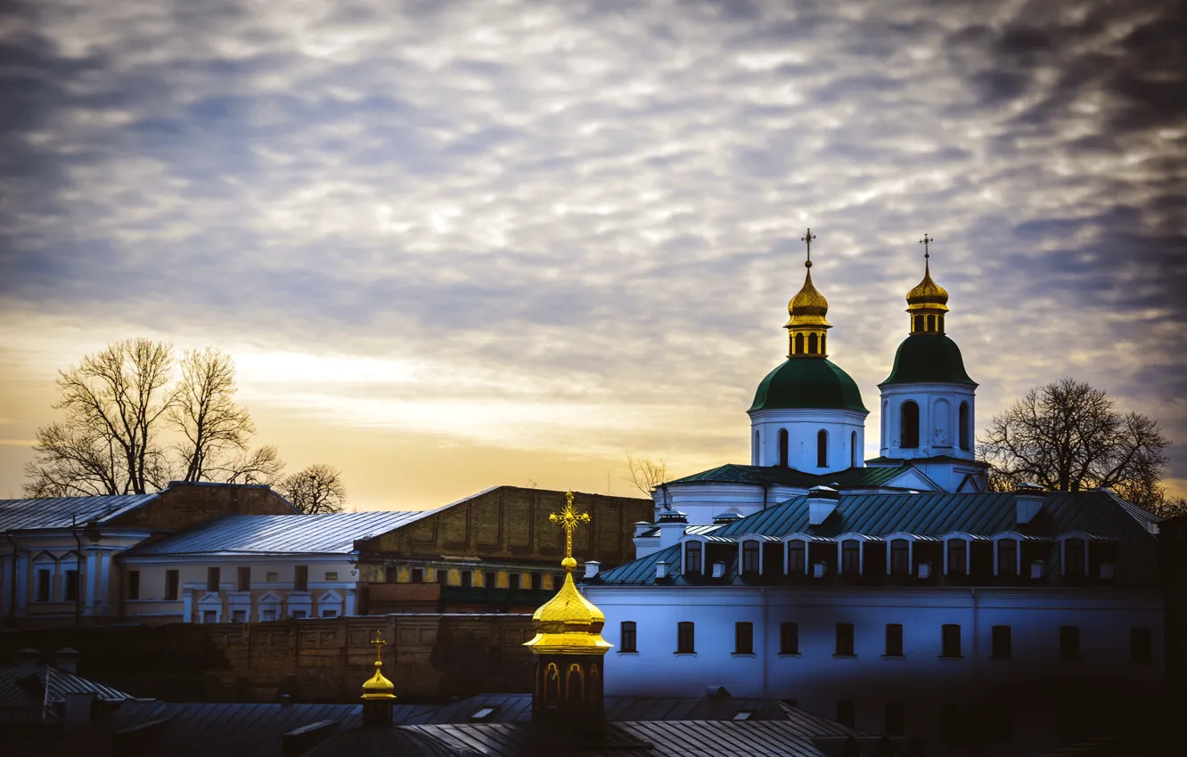 Photo wallpaper sunset, Church, the dome, Ukraine, Kiev, Pechersk Lavra