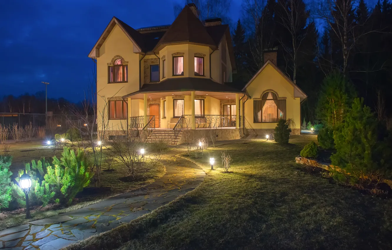 Photo wallpaper night, lights, Villa, mansion