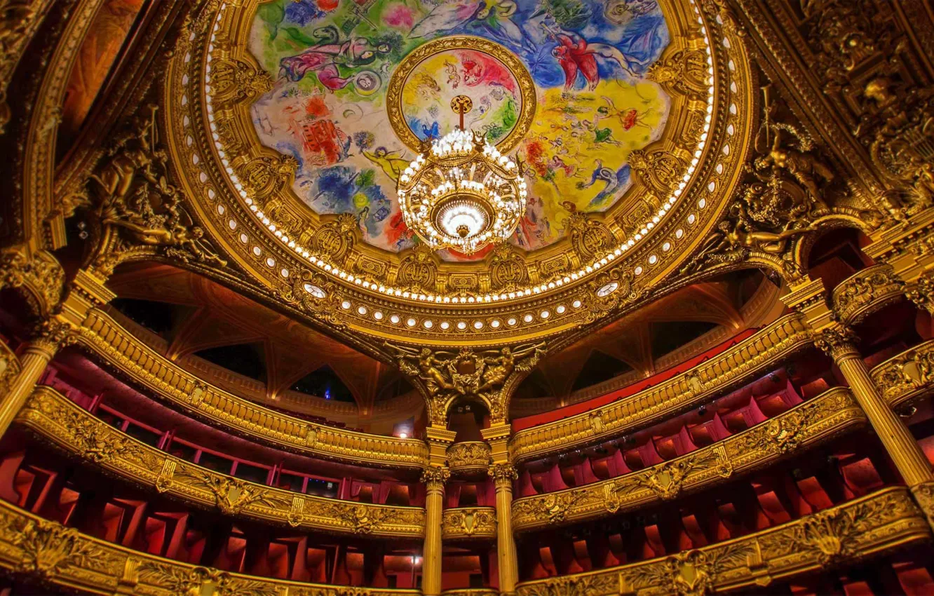Photo wallpaper France, Paris, the ceiling, chandelier, theatre, painting, Marc Chagall, Opera Garnier