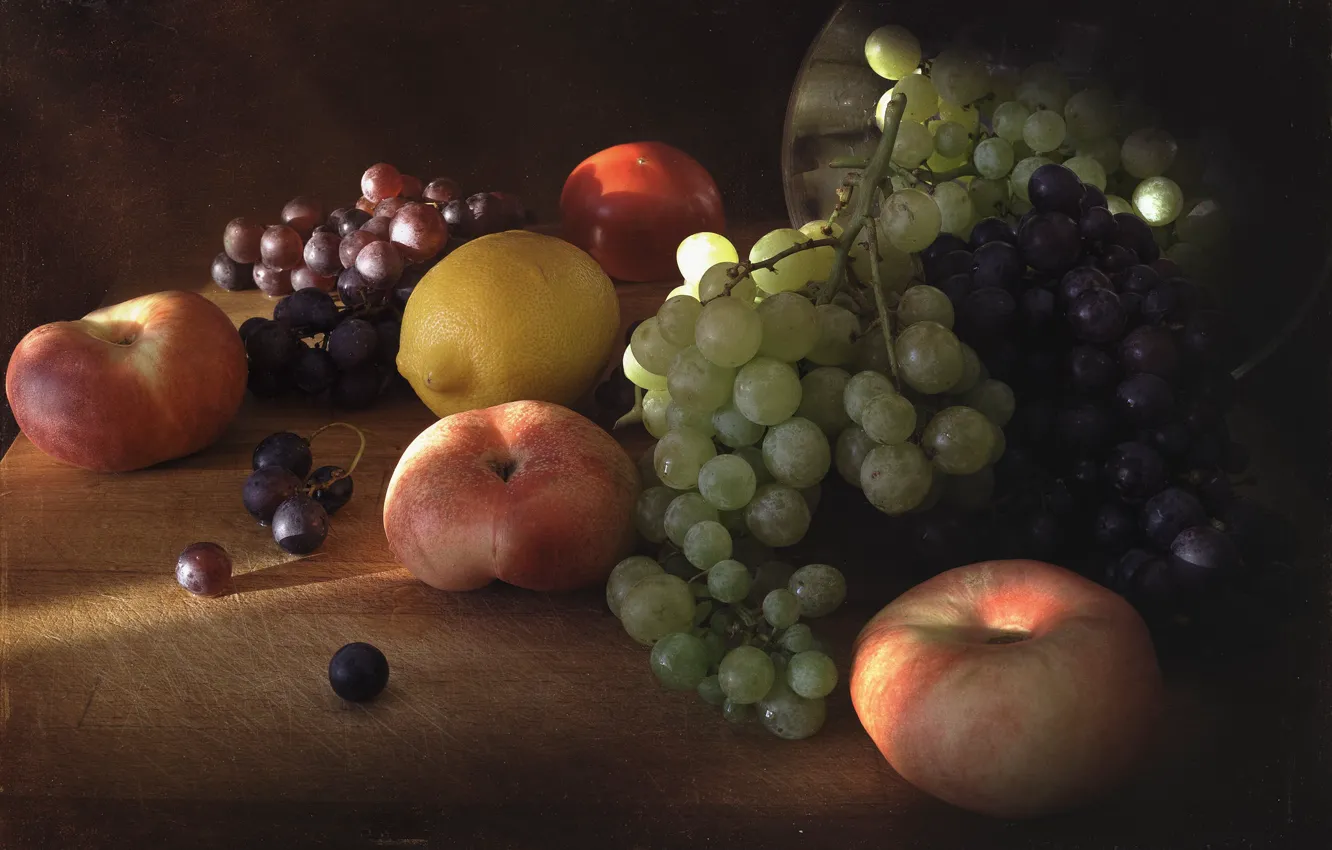 Photo wallpaper lemon, grapes, fruit, still life, peaches, bunches