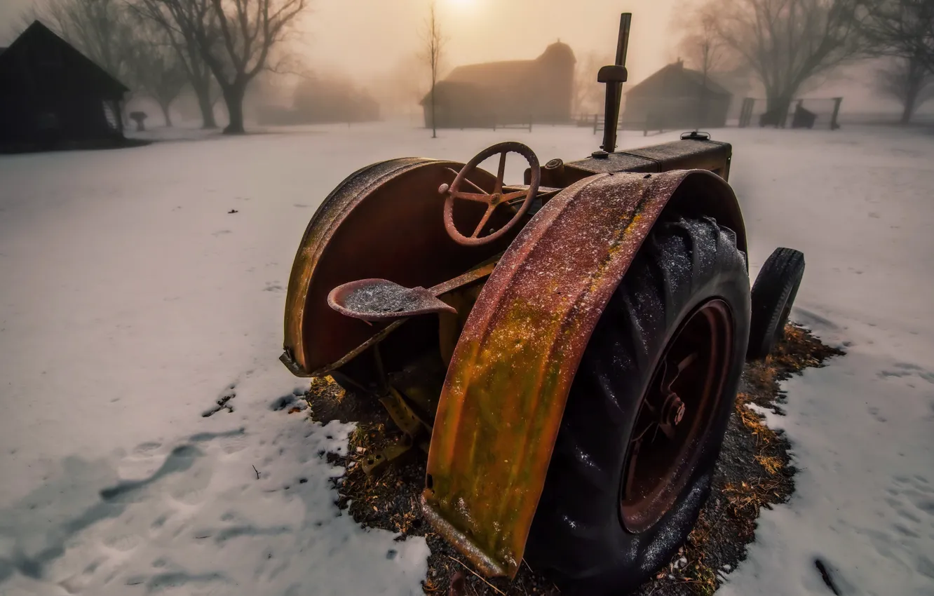Photo wallpaper winter, snow, tractor