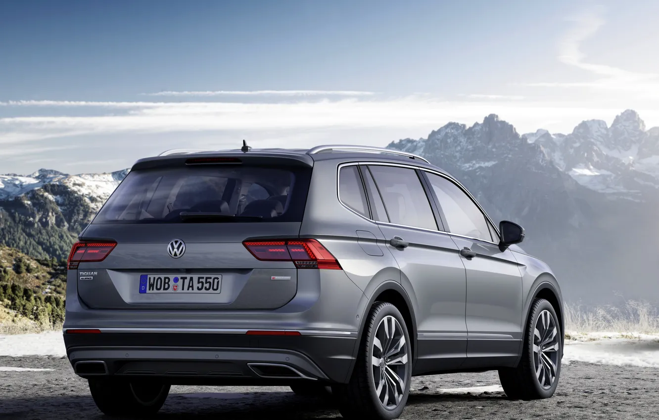 Photo wallpaper mountains, grey, Volkswagen, rear view, Tiguan